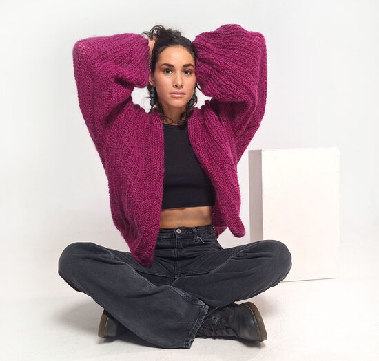 Magenta Mohair Wool Knit Cardigan: Oversized Bell Sleeve Jacket, code IA19